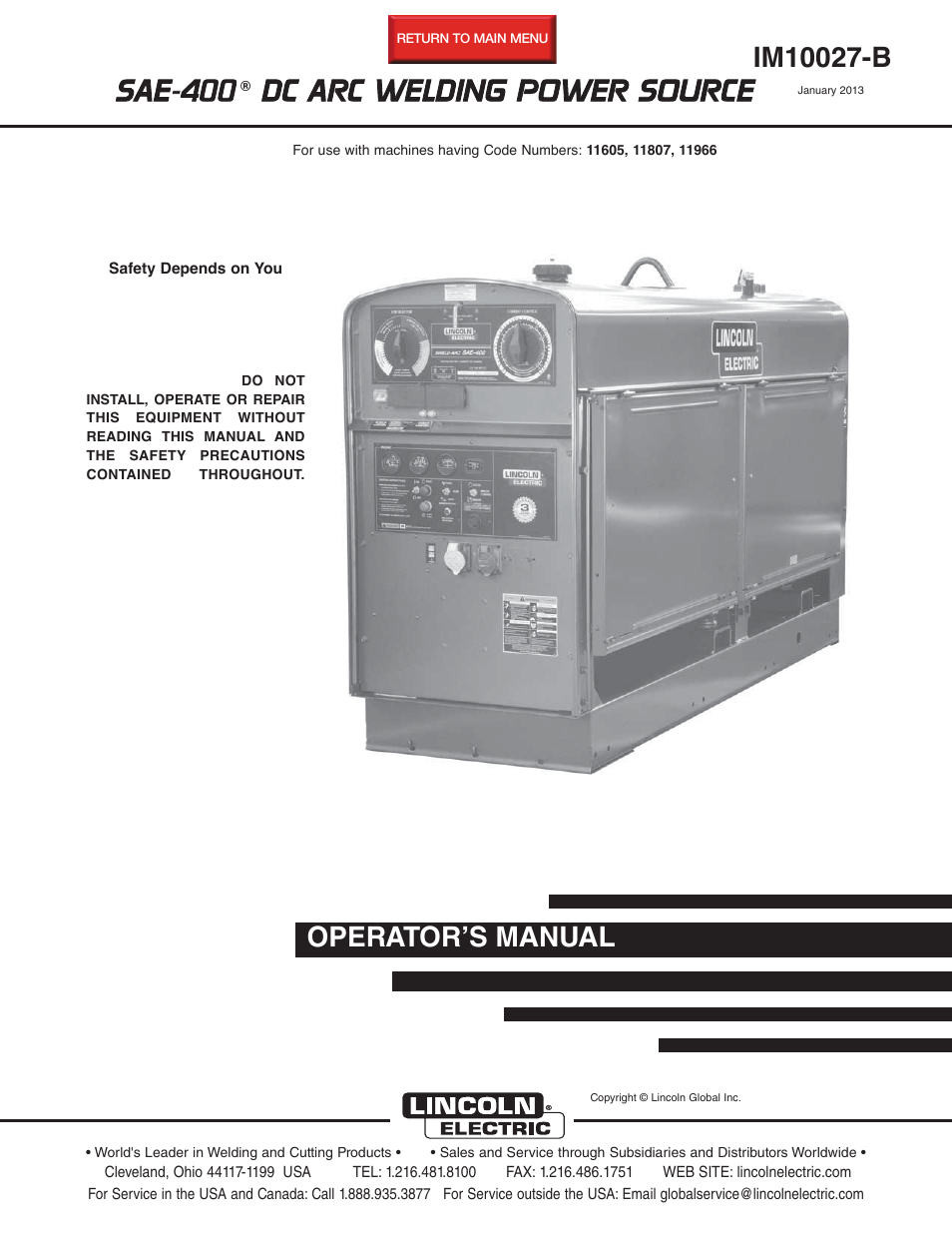 Lincoln Electric IM10027 SAE400 User Manual | 38 pages