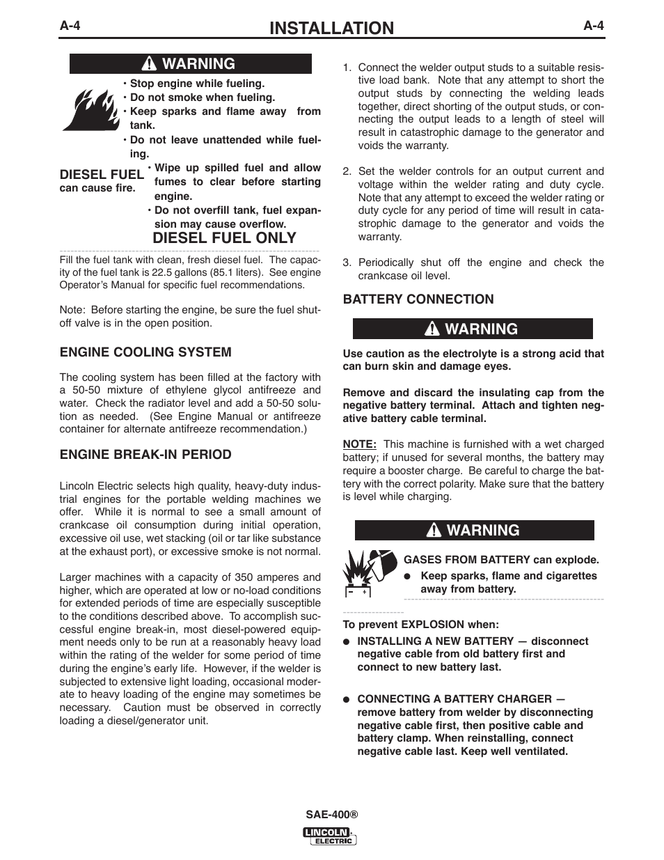 Installation, Diesel fuel only, Warning | Lincoln Electric IM10027 SAE400 User Manual | Page 11 / 38