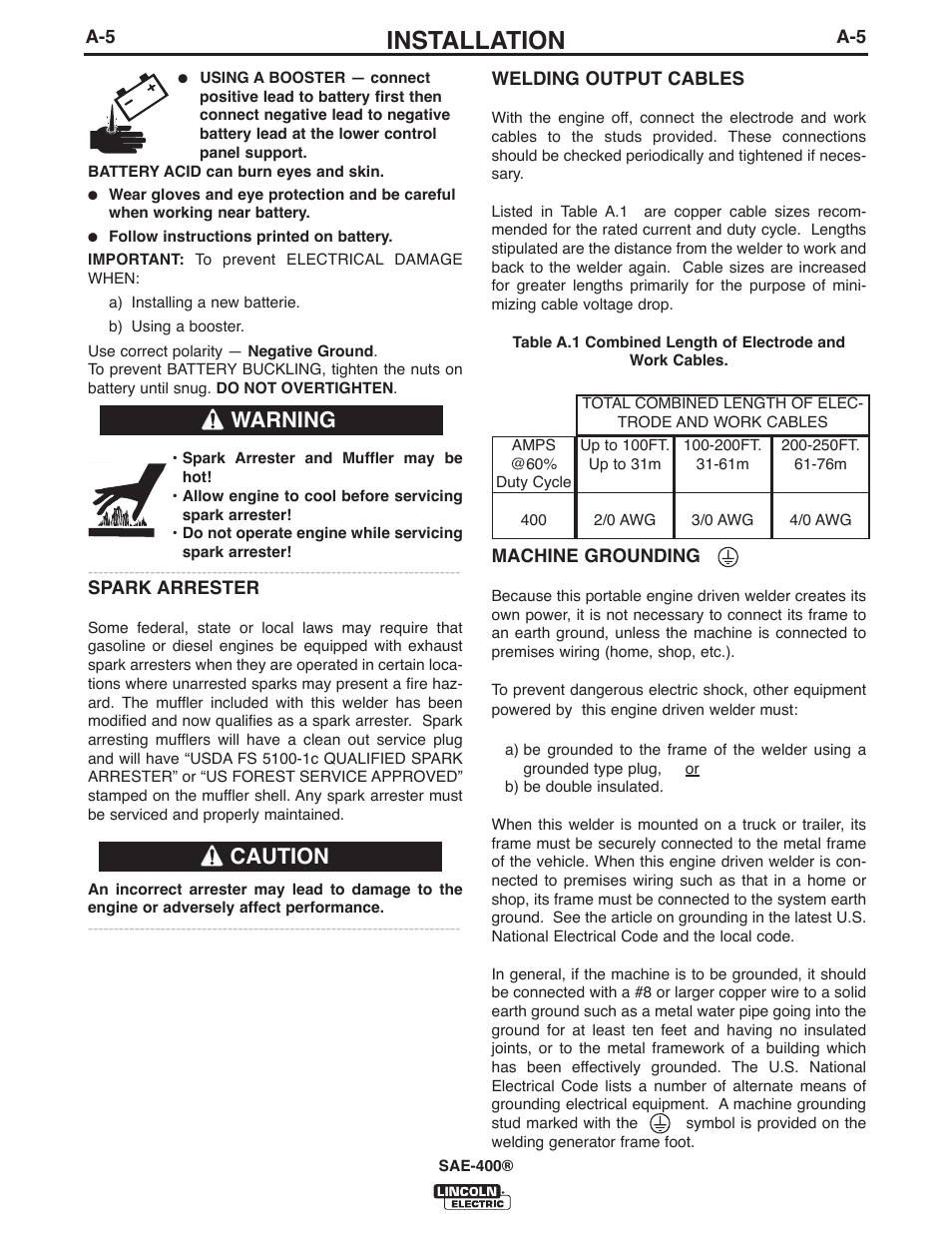 Installation, Warning caution | Lincoln Electric IM10027 SAE400 User Manual | Page 12 / 38