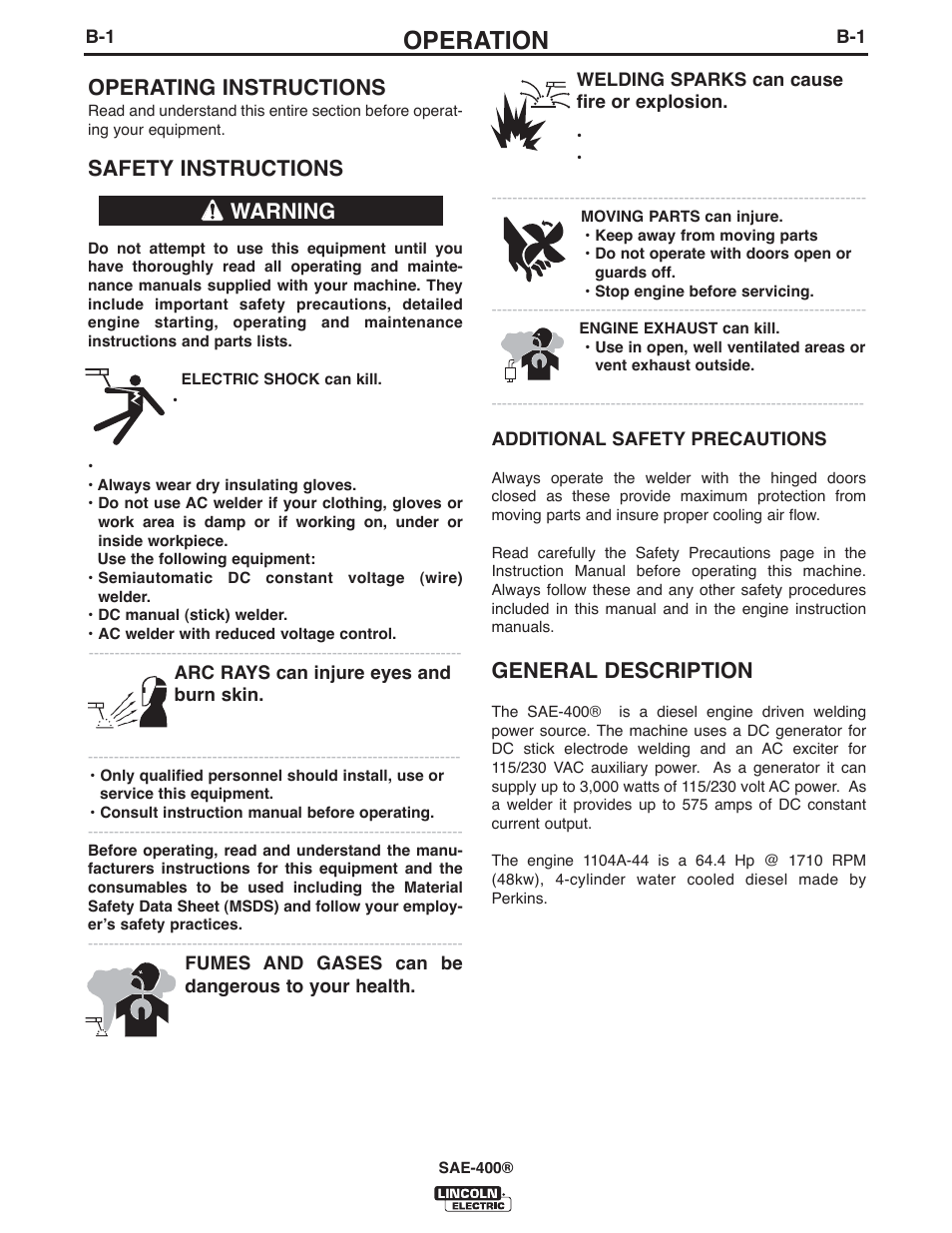 Operation, General description, Operating instructions | Safety instructions, Warning | Lincoln Electric IM10027 SAE400 User Manual | Page 13 / 38