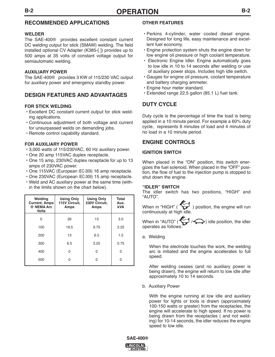 Operation, B-2 recommended applications, Design features and advantages | Duty cycle, Engine controls | Lincoln Electric IM10027 SAE400 User Manual | Page 14 / 38