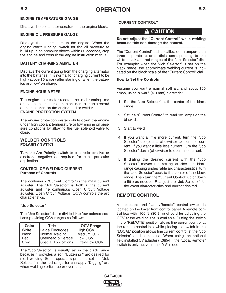 Operation, Caution | Lincoln Electric IM10027 SAE400 User Manual | Page 15 / 38
