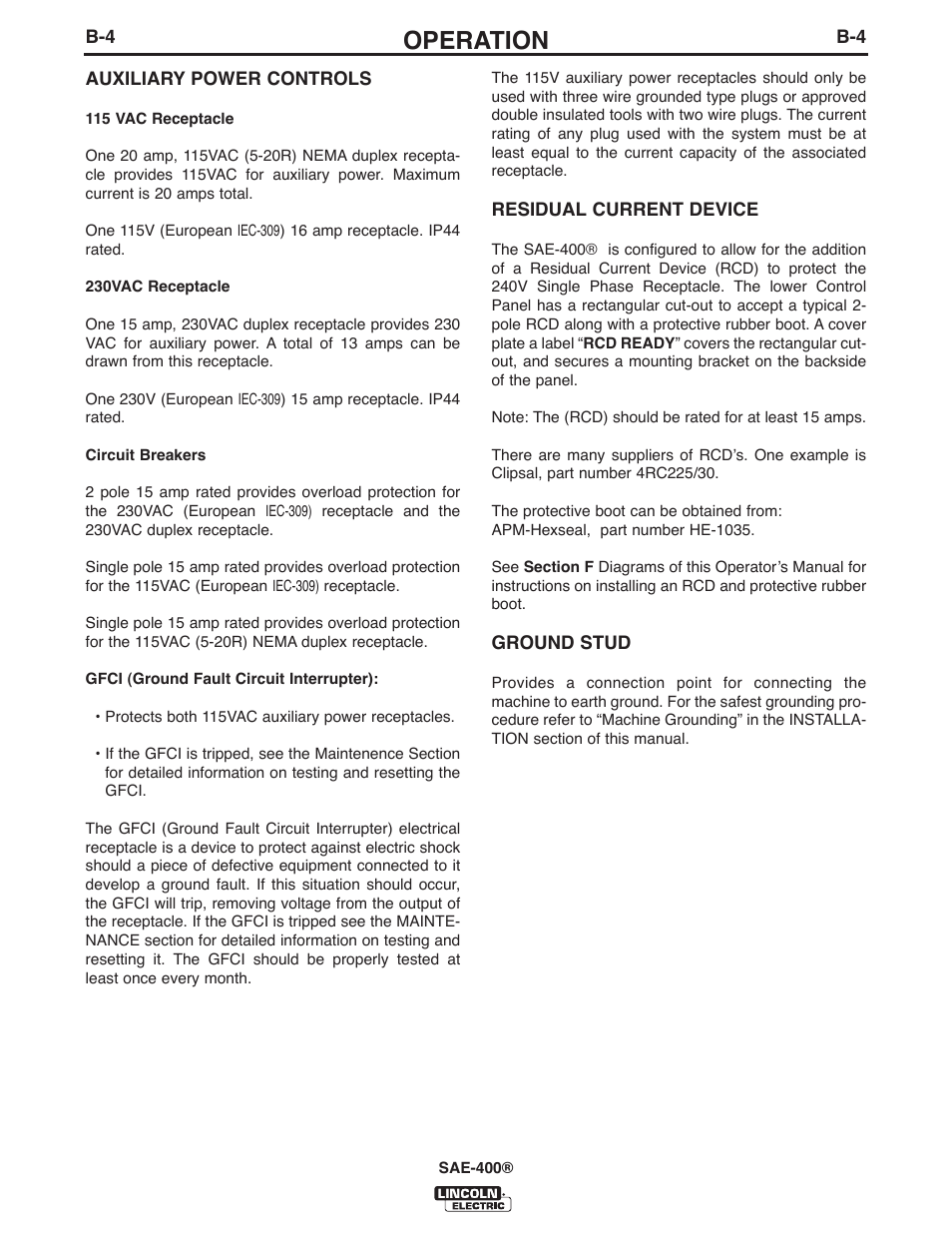 Operation | Lincoln Electric IM10027 SAE400 User Manual | Page 16 / 38