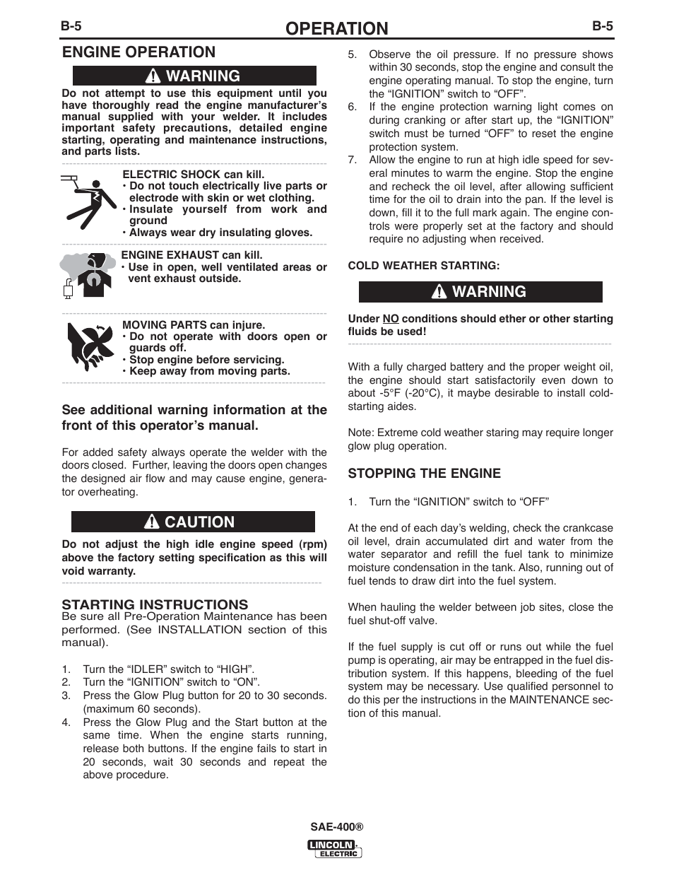 Operation, Engine operation, Warning | Warning caution | Lincoln Electric IM10027 SAE400 User Manual | Page 17 / 38