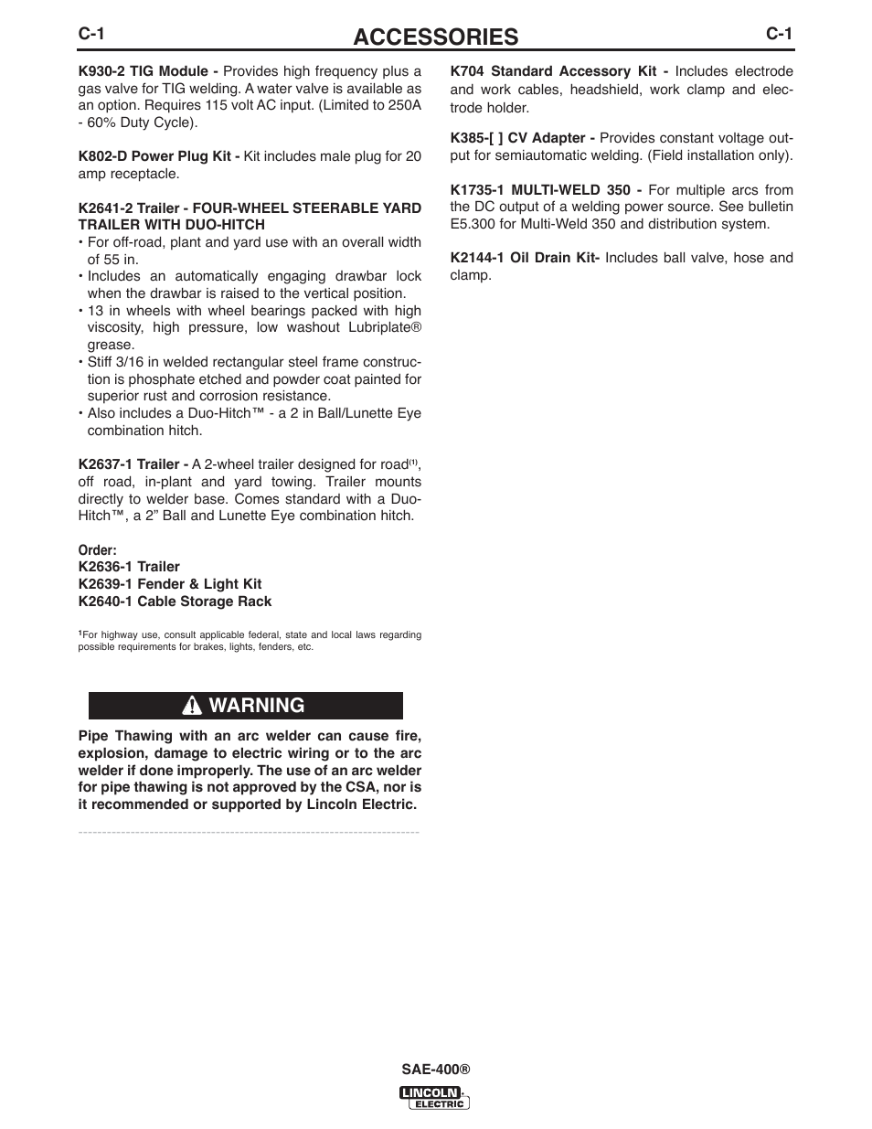 Accessories, Warning | Lincoln Electric IM10027 SAE400 User Manual | Page 19 / 38