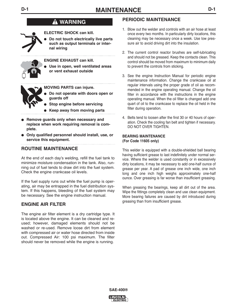 Maintenance, Warning | Lincoln Electric IM10027 SAE400 User Manual | Page 20 / 38
