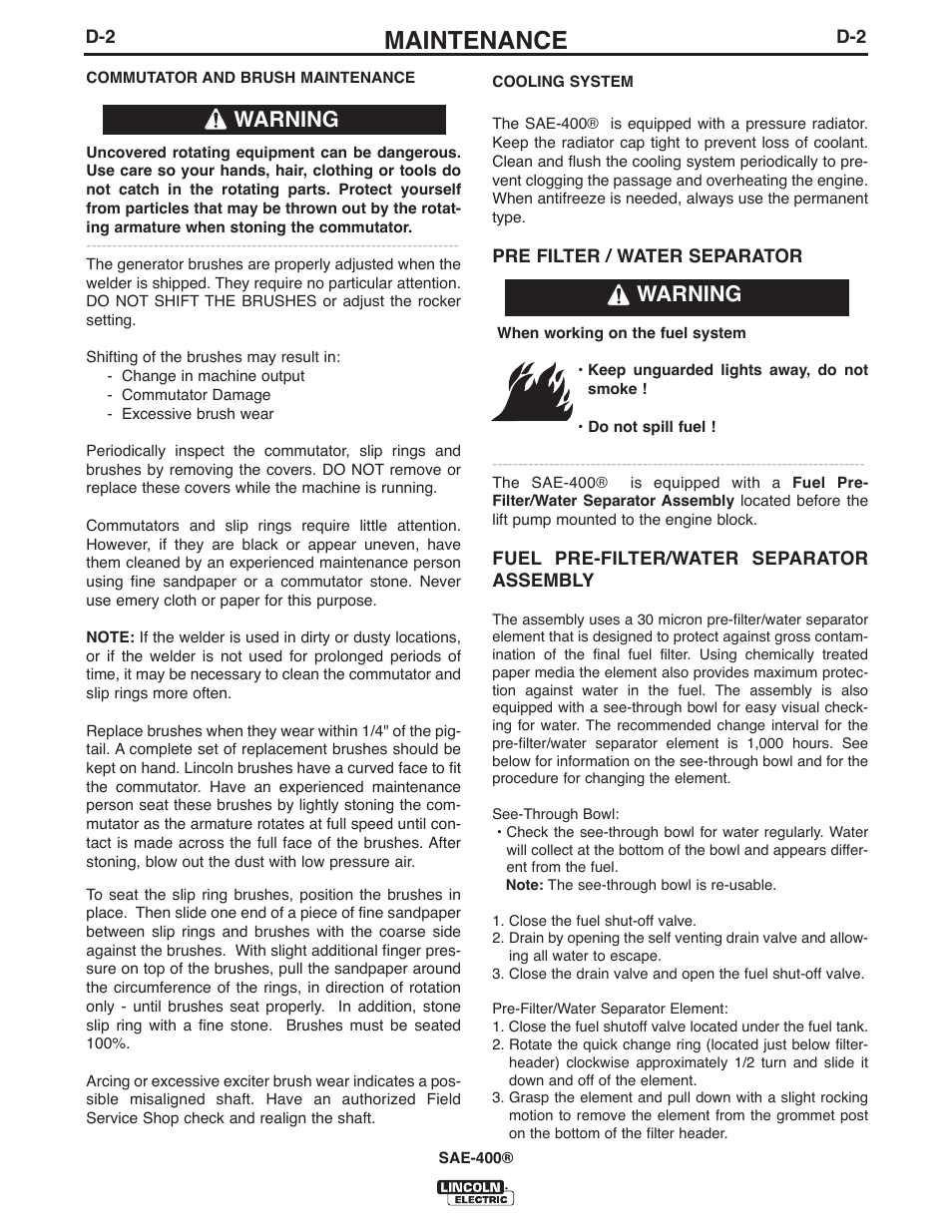 Maintenance, Warning | Lincoln Electric IM10027 SAE400 User Manual | Page 21 / 38