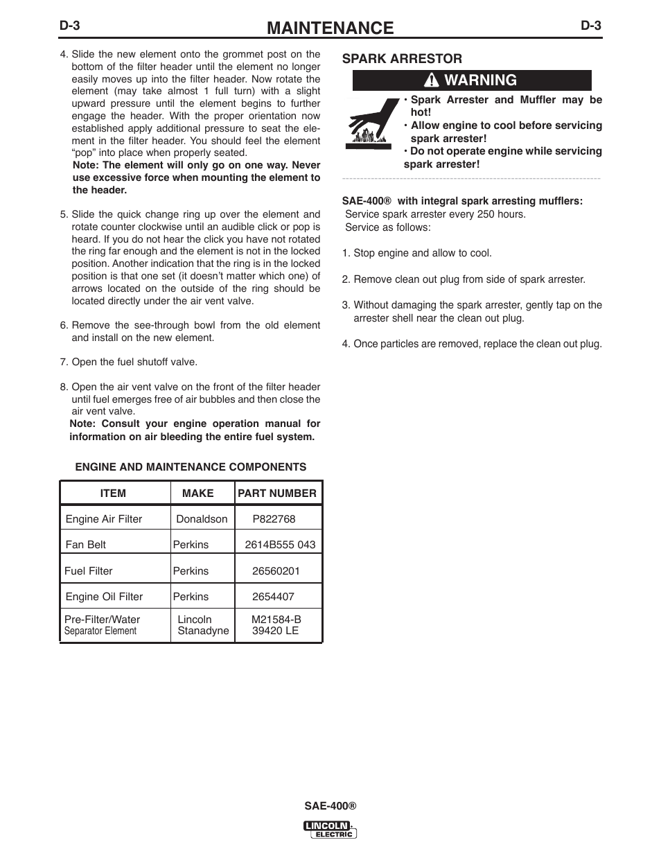 Maintenance, Warning | Lincoln Electric IM10027 SAE400 User Manual | Page 22 / 38