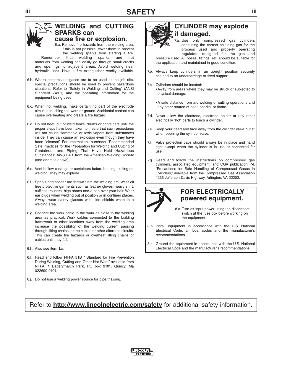 Safety, For electrically powered equipment, Cylinder may explode if damaged | Lincoln Electric IM10027 SAE400 User Manual | Page 4 / 38
