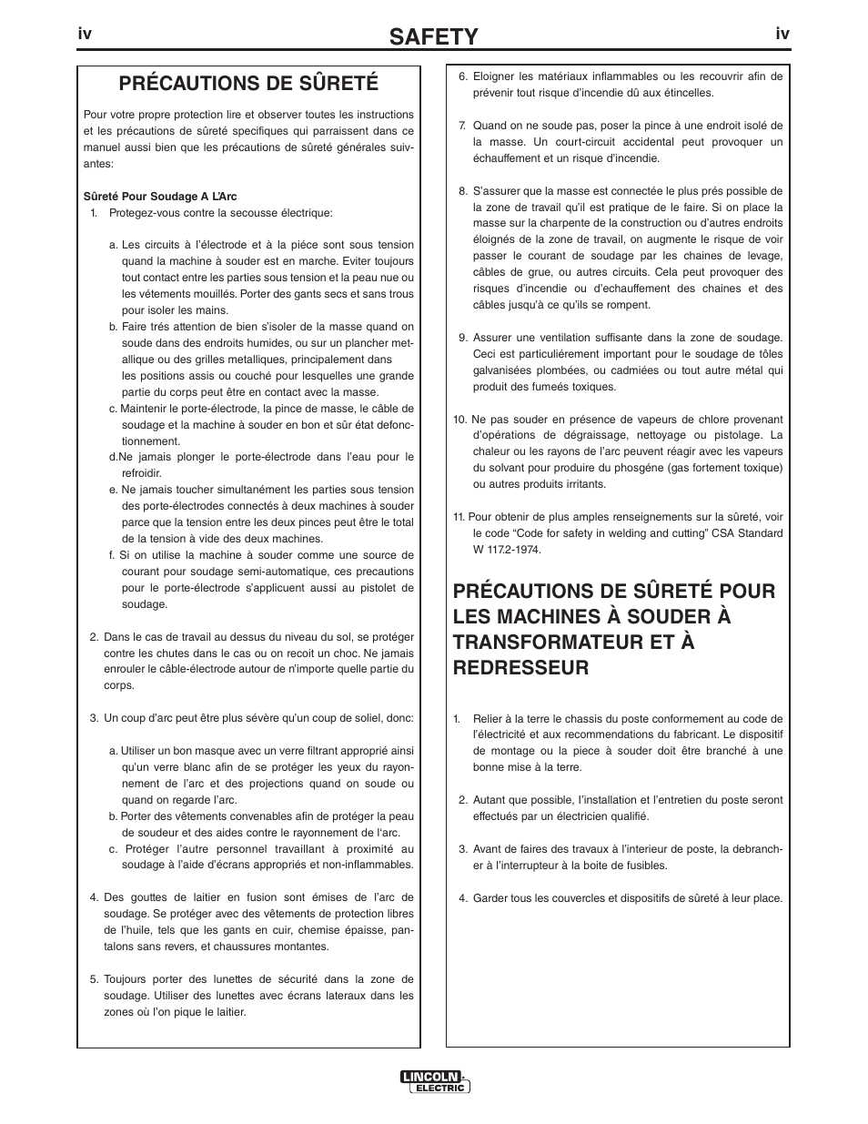 Safety, Précautions de sûreté | Lincoln Electric IM10027 SAE400 User Manual | Page 5 / 38