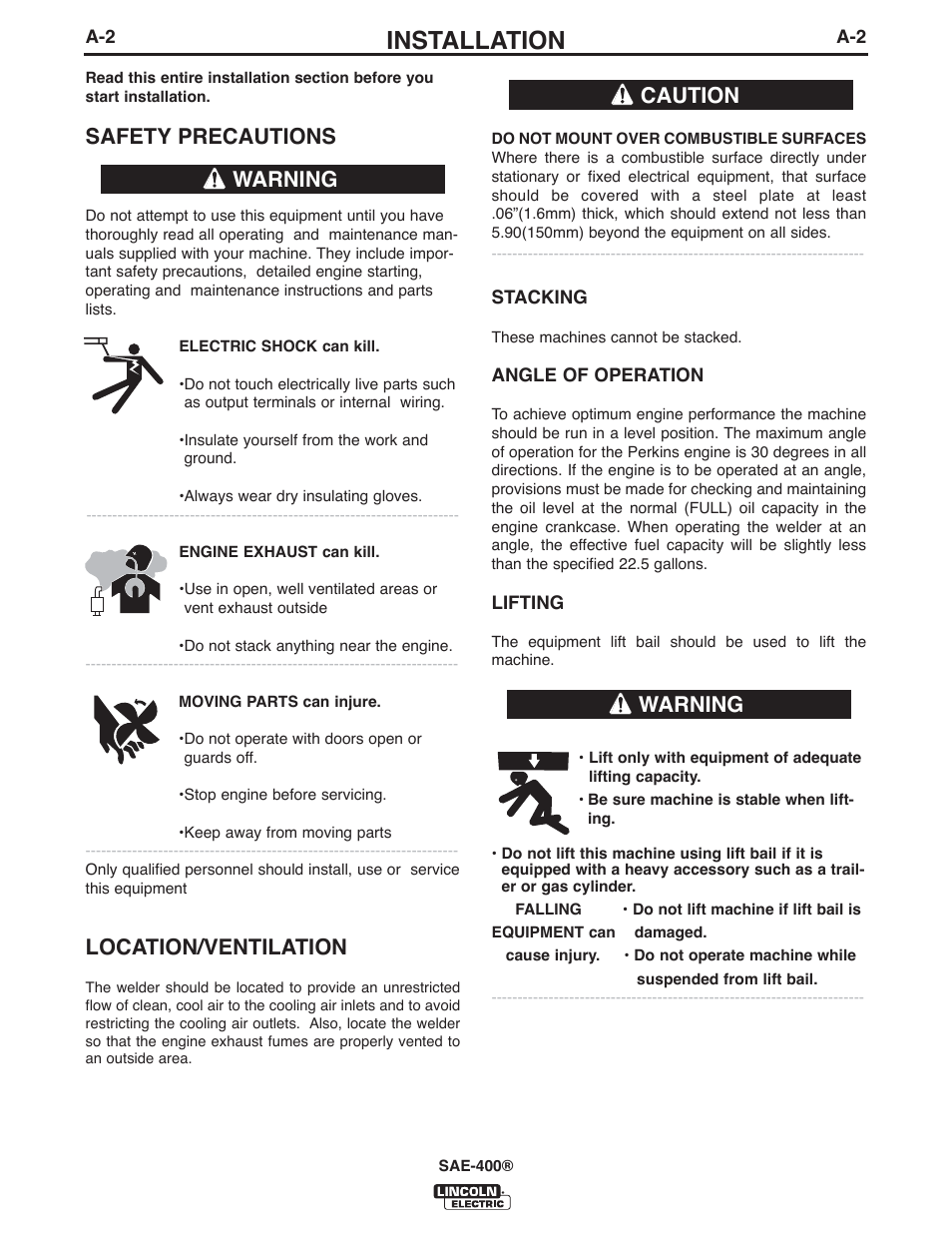 Installation, Safety precautions, Location/ventilation | Warning, Warning caution | Lincoln Electric IM10027 SAE400 User Manual | Page 9 / 38