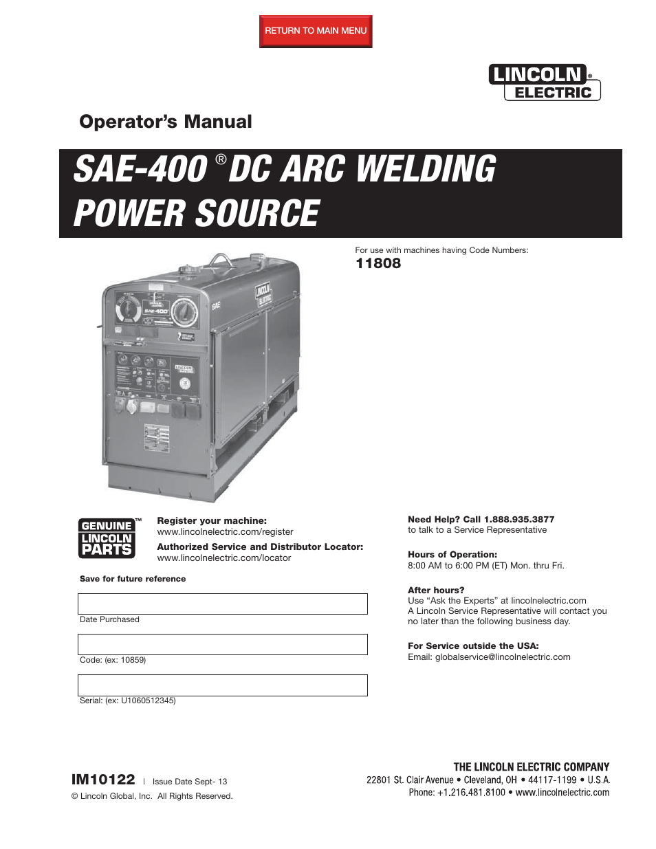 Lincoln Electric IM10122 SAE400 User Manual | 60 pages