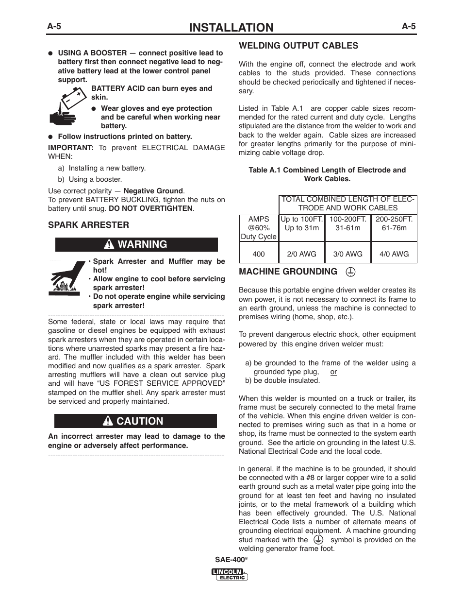 Installation, Warning caution | Lincoln Electric IM10122 SAE400 User Manual | Page 11 / 60