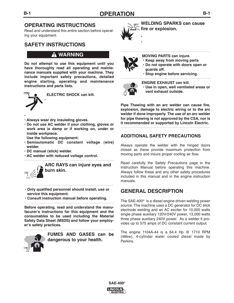 Operation, General description, Operating instructions | Safety instructions, Warning | Lincoln Electric IM10122 SAE400 User Manual | Page 12 / 60