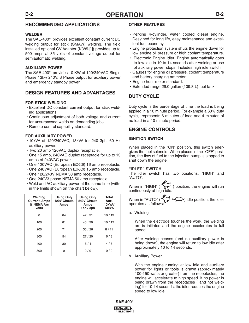 Operation, B-2 recommended applications, Design features and advantages | Duty cycle, Engine controls | Lincoln Electric IM10122 SAE400 User Manual | Page 13 / 60