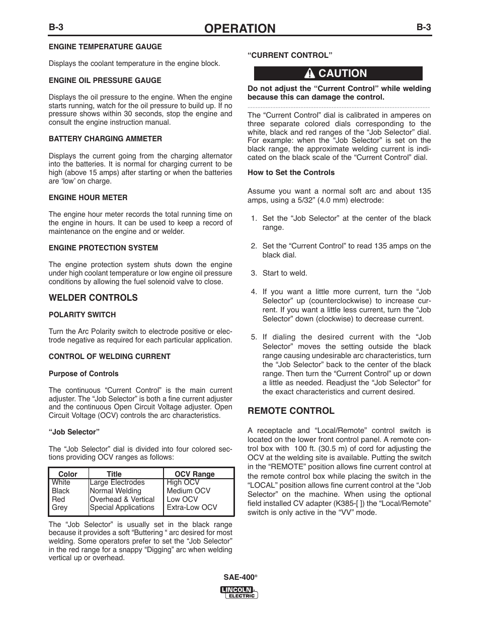 Operation, Caution | Lincoln Electric IM10122 SAE400 User Manual | Page 14 / 60