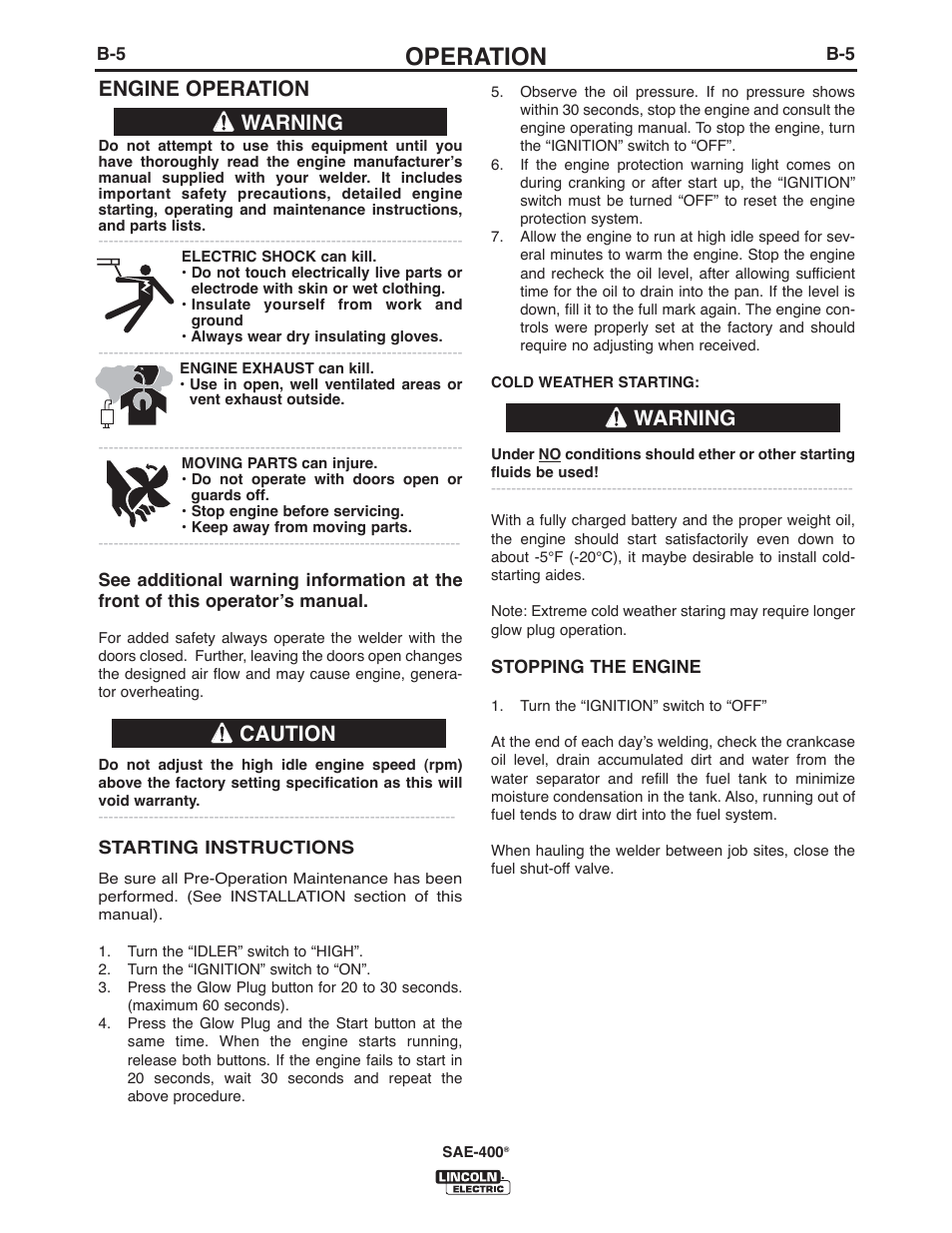 Operation, Engine operation, Warning | Warning caution | Lincoln Electric IM10122 SAE400 User Manual | Page 16 / 60