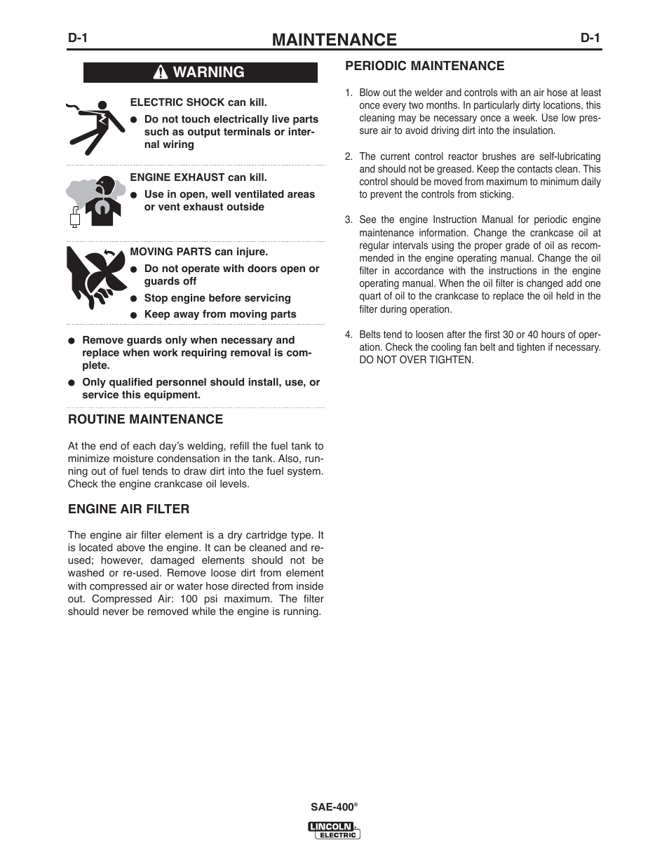 Maintenance, Warning | Lincoln Electric IM10122 SAE400 User Manual | Page 19 / 60