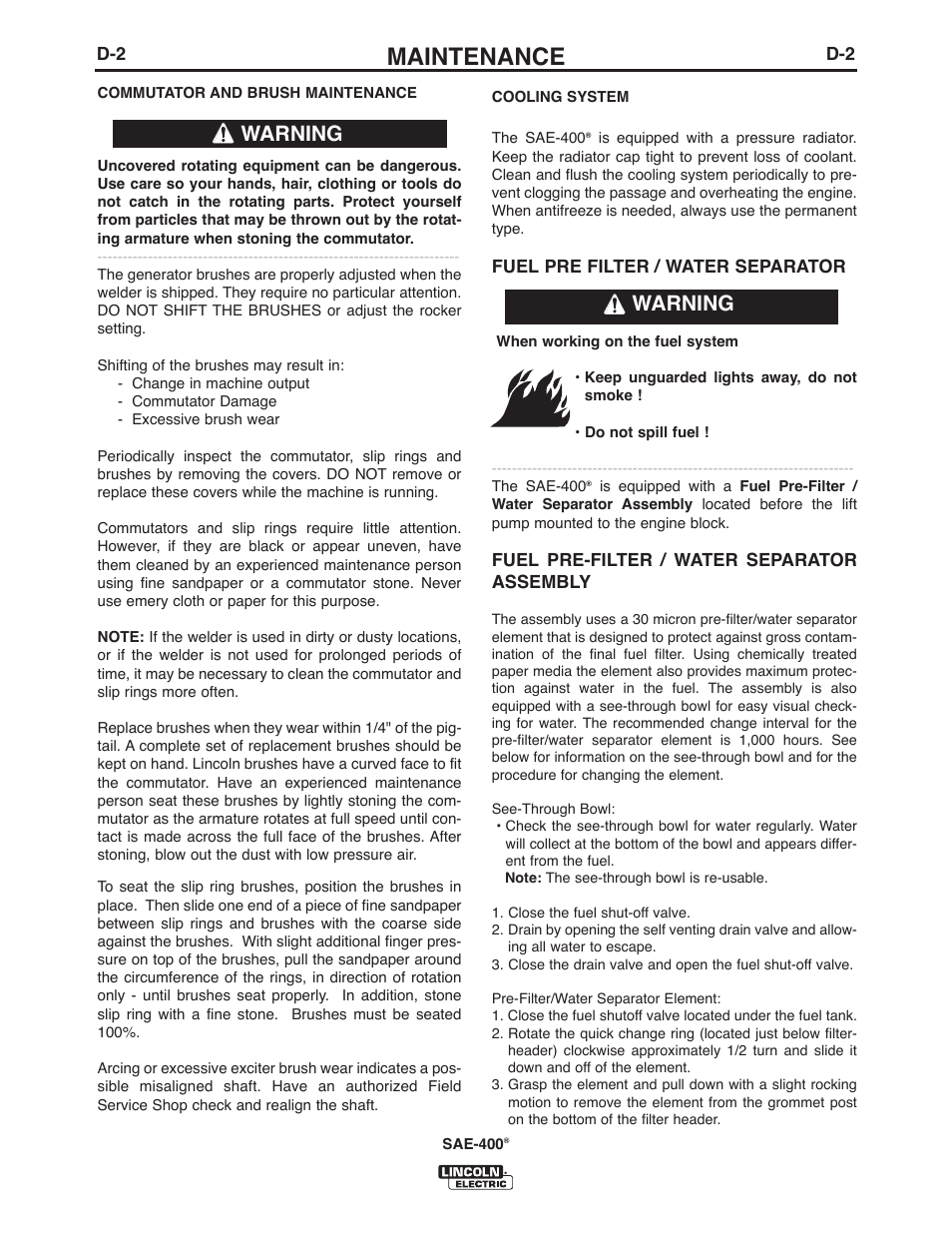 Maintenance, Warning | Lincoln Electric IM10122 SAE400 User Manual | Page 20 / 60