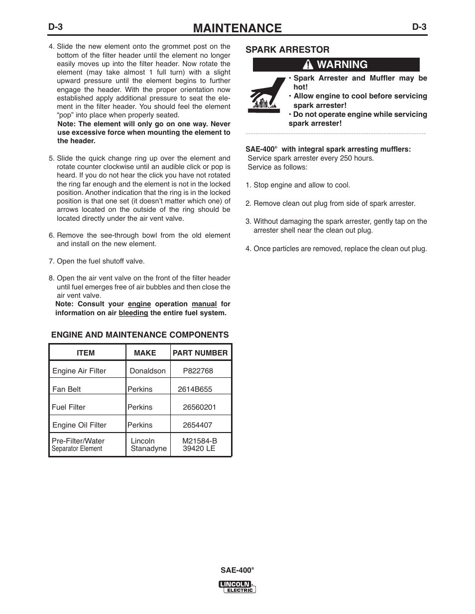 Maintenance, Warning | Lincoln Electric IM10122 SAE400 User Manual | Page 21 / 60