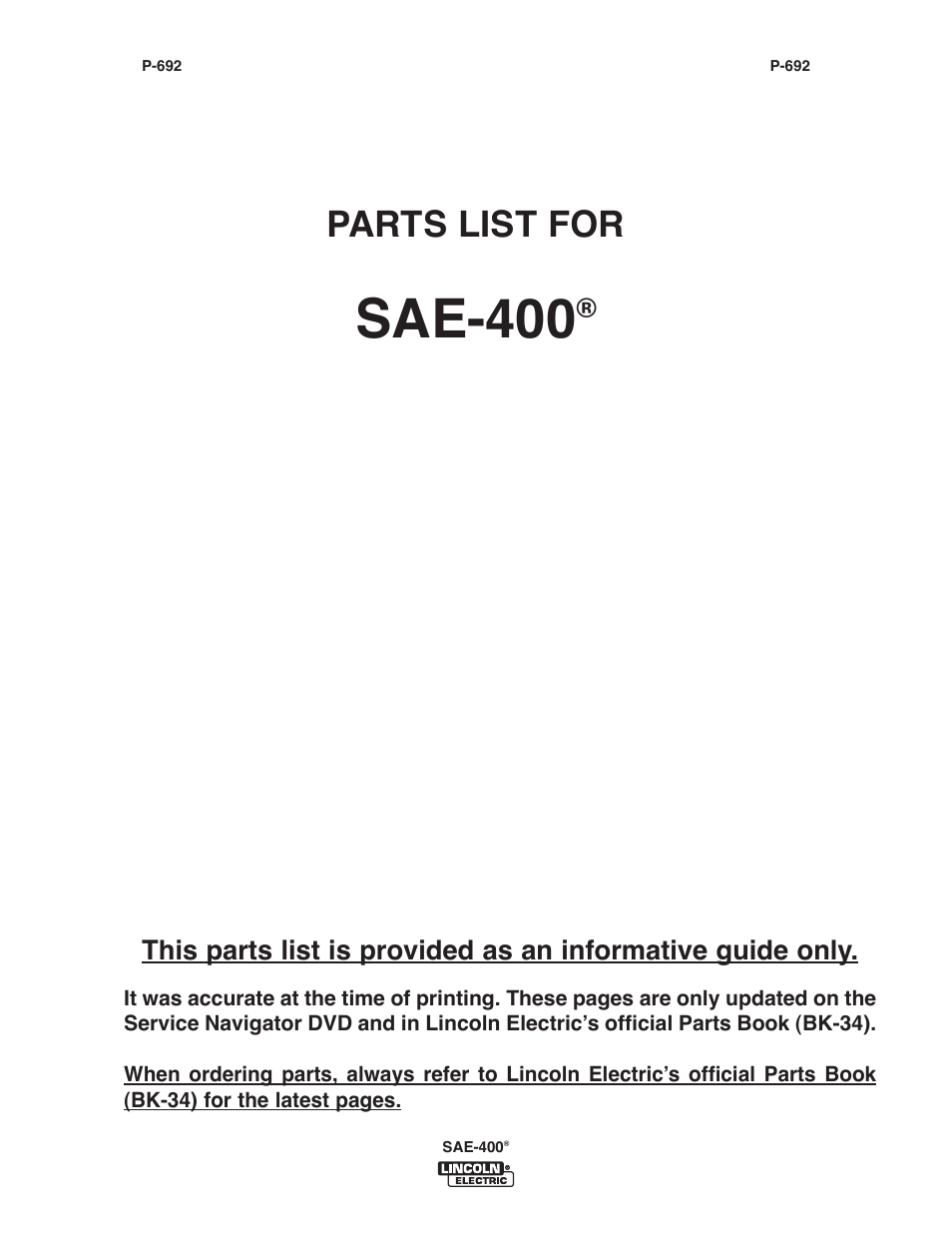 Sae-400, Parts list for | Lincoln Electric IM10122 SAE400 User Manual | Page 29 / 60