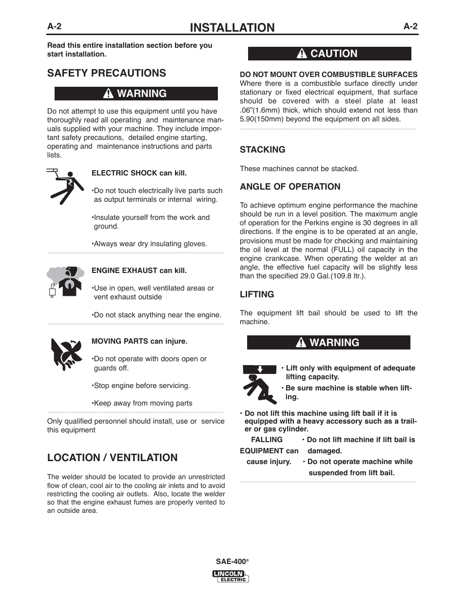 Installation, Safety precautions, Location / ventilation | Warning, Warning caution | Lincoln Electric IM10122 SAE400 User Manual | Page 8 / 60