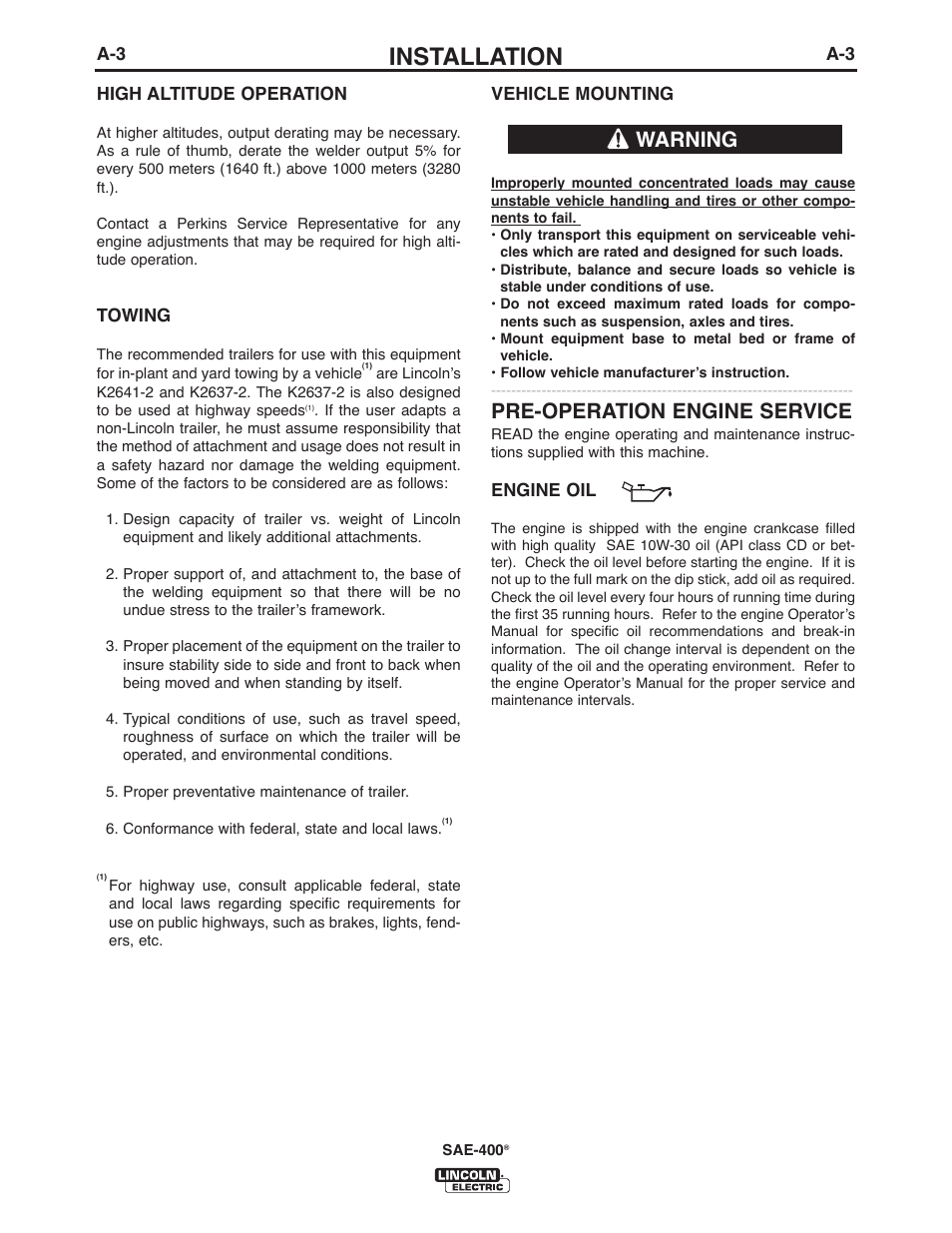 Installation, Pre-operation engine service, Warning | Lincoln Electric IM10122 SAE400 User Manual | Page 9 / 60