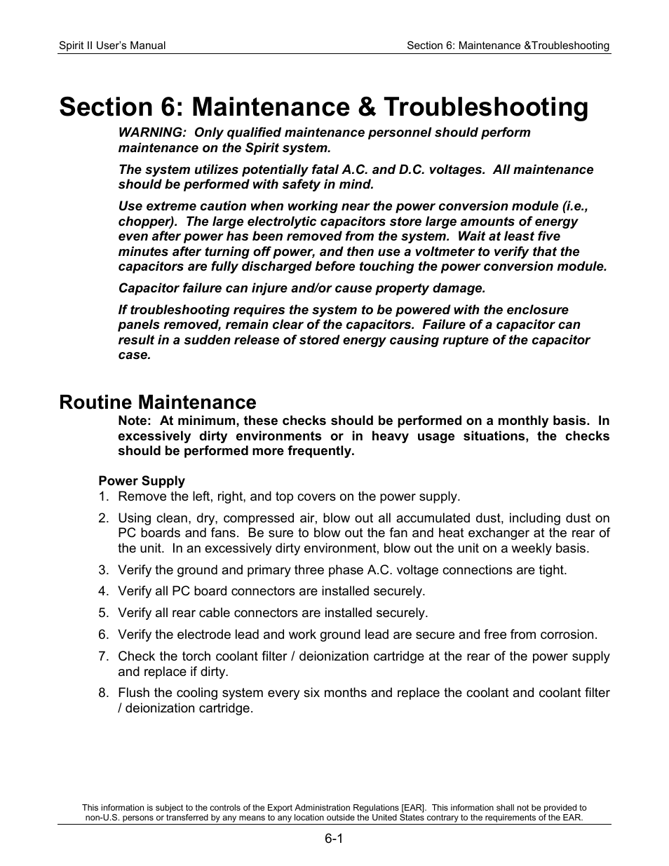 Section 6: maintenance & troubleshooting, Routine maintenance, Power supply | Lincoln Electric 718113 Spirit II 150 User Manual | Page 107 / 156