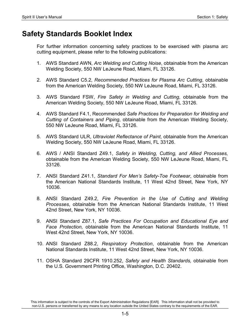 Safety standards booklet index | Lincoln Electric 718113 Spirit II 150 User Manual | Page 11 / 156