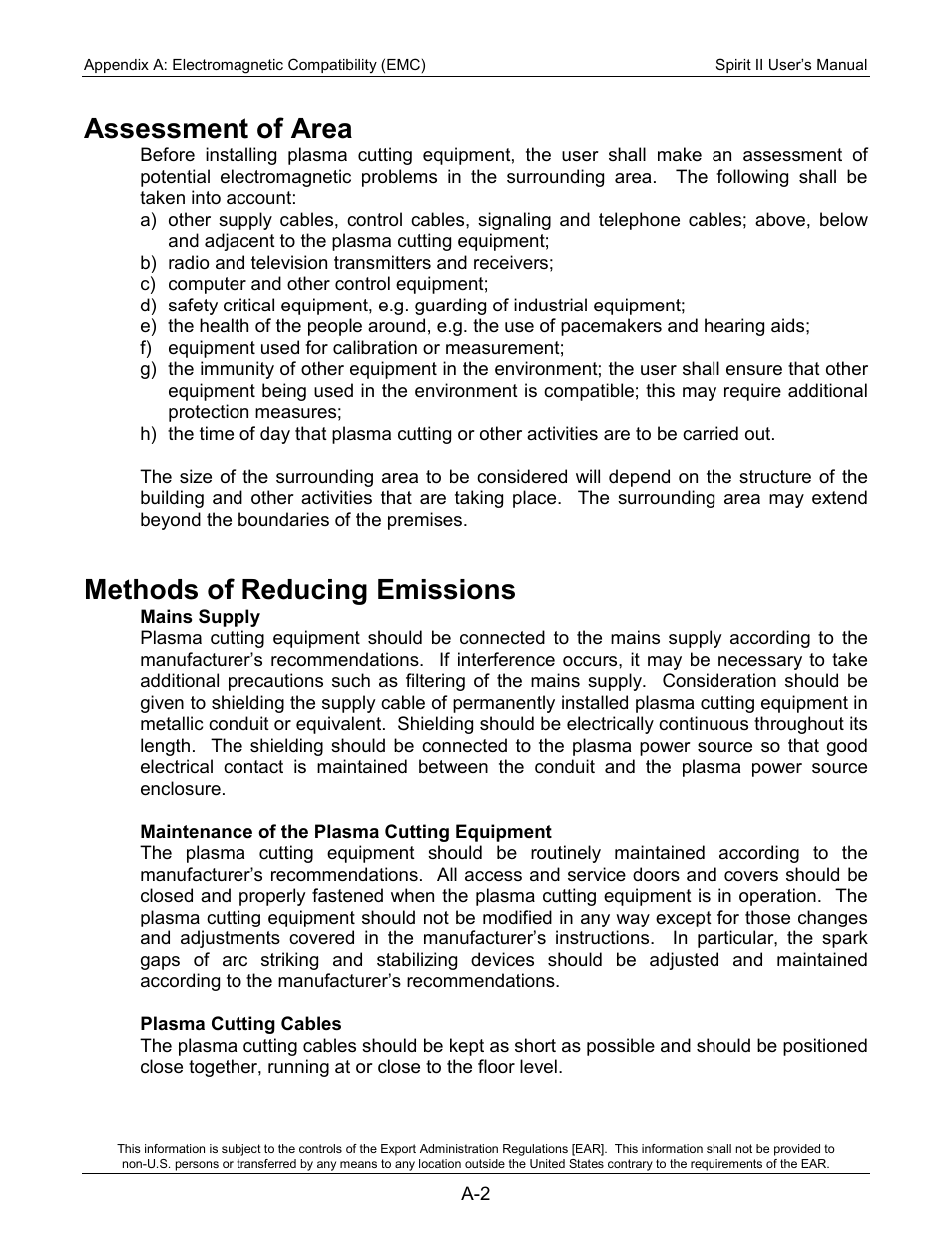 Assessment of area, Methods of reducing emissions, Mains supply | Maintenance of the plasma cutting equipment, Plasma cutting cables | Lincoln Electric 718113 Spirit II 150 User Manual | Page 146 / 156