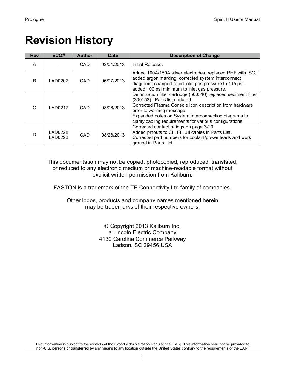 Revision history | Lincoln Electric 718113 Spirit II 150 User Manual | Page 2 / 156