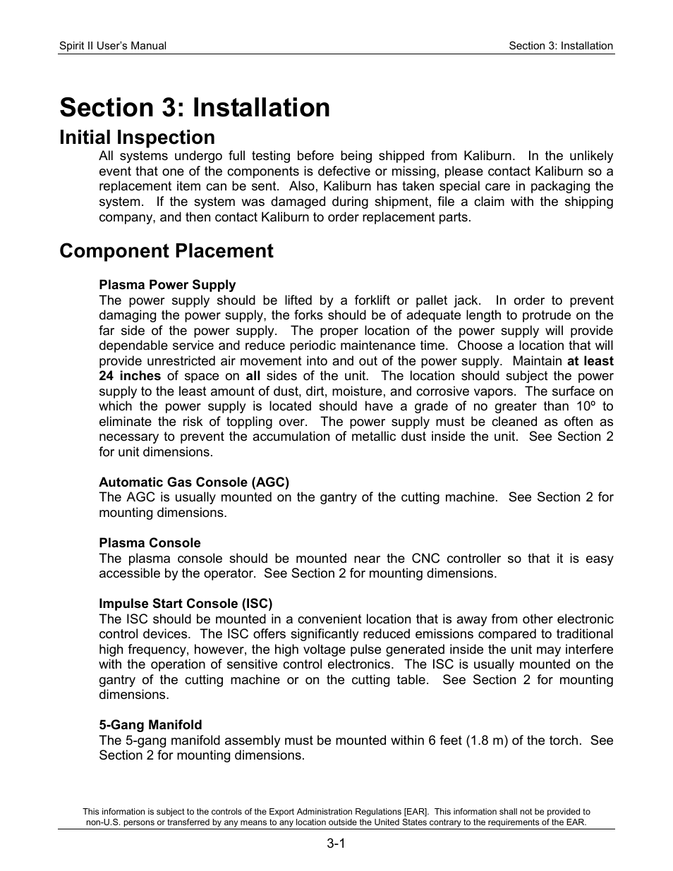 Section 3: installation, Initial inspection, Component placement | Lincoln Electric 718113 Spirit II 150 User Manual | Page 25 / 156