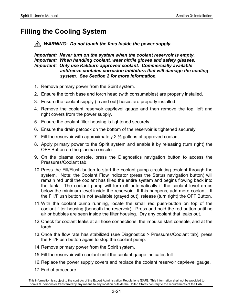 Filling the cooling system | Lincoln Electric 718113 Spirit II 150 User Manual | Page 45 / 156