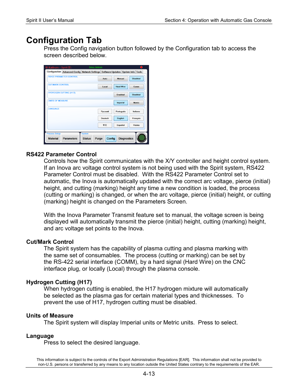 Configuration tab, Rs422 parameter control, Cut/mark control | Hydrogen cutting (h17), Units of measure, Language | Lincoln Electric 718113 Spirit II 150 User Manual | Page 59 / 156