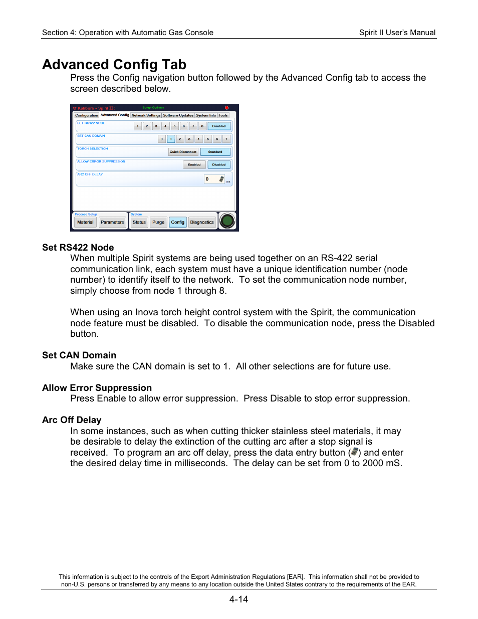 Advanced config tab, Set rs422 node, Set can domain | Allow error suppression, Arc off delay | Lincoln Electric 718113 Spirit II 150 User Manual | Page 60 / 156