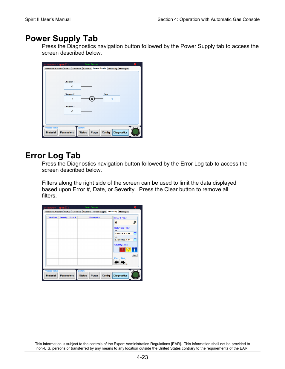 Power supply tab, Error log tab | Lincoln Electric 718113 Spirit II 150 User Manual | Page 69 / 156