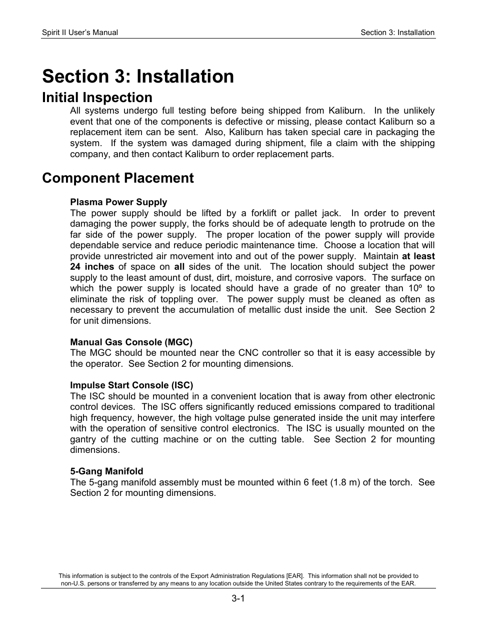 Section 3: installation, Initial inspection, Component placement | Lincoln Electric 718114 Spirit II 150 User Manual | Page 23 / 126