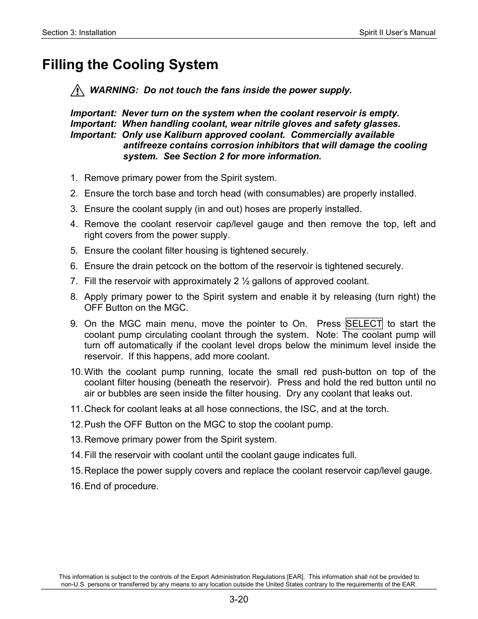 Filling the cooling system | Lincoln Electric 718114 Spirit II 150 User Manual | Page 42 / 126