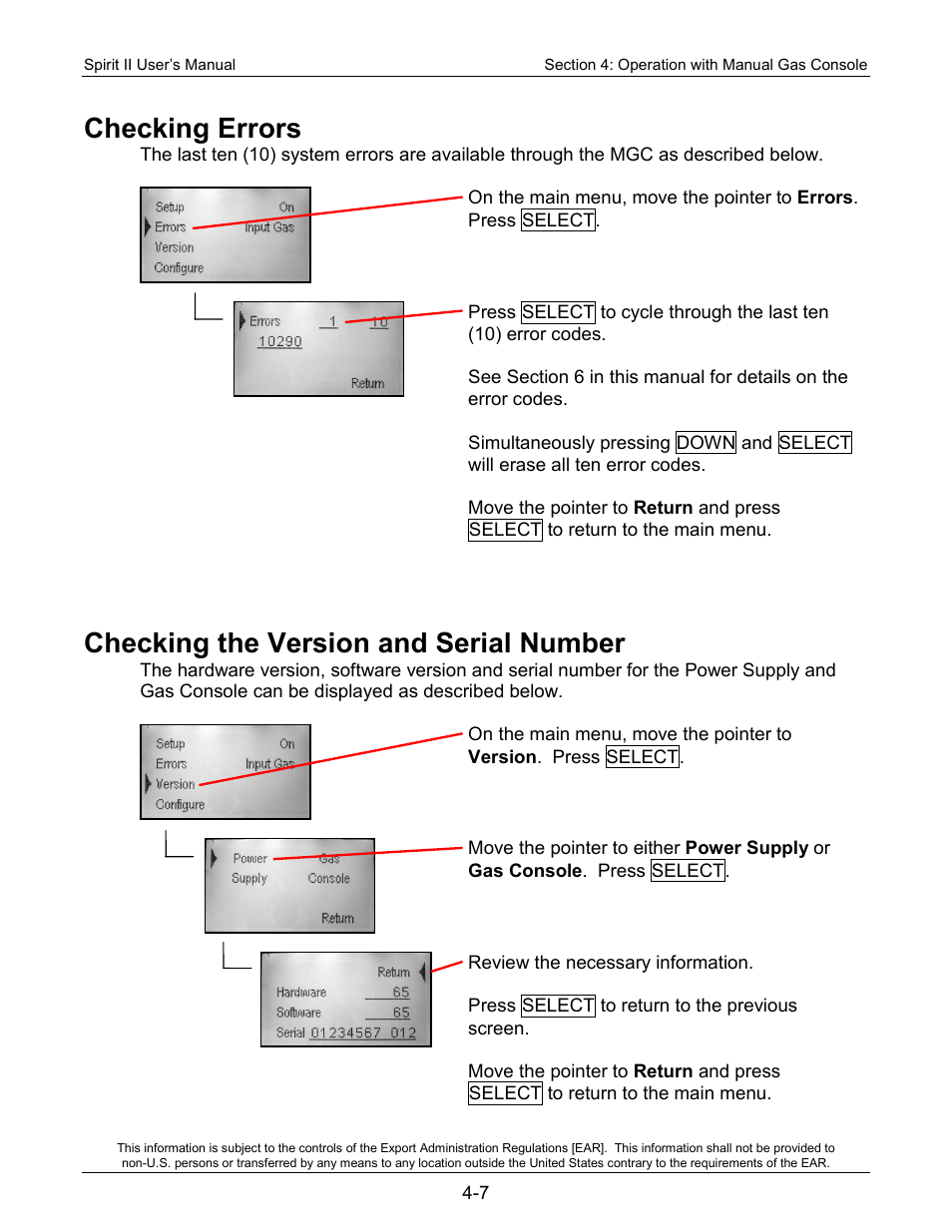 Checking errors, Checking the version and serial number | Lincoln Electric 718114 Spirit II 150 User Manual | Page 49 / 126