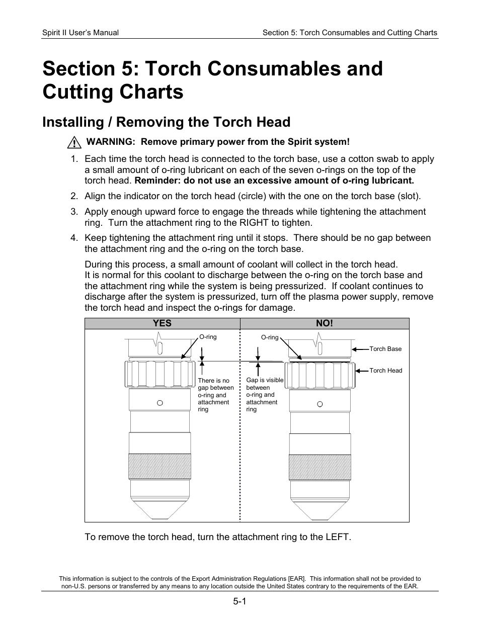 Section 5: torch consumables and cutting charts, Installing / removing the torch head | Lincoln Electric 718114 Spirit II 150 User Manual | Page 51 / 126