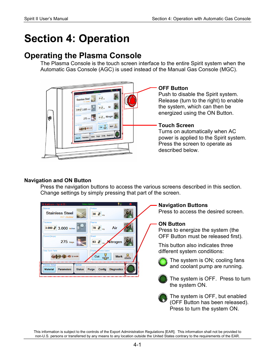 Section 4: operation, Operating the plasma console, Navigation and on button | Lincoln Electric 718115 Spirit II 275 User Manual | Page 47 / 170