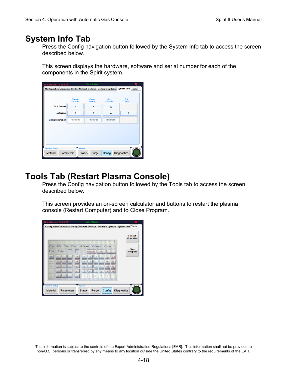 System info tab, Tools tab (restart plasma console) | Lincoln Electric 718115 Spirit II 275 User Manual | Page 64 / 170