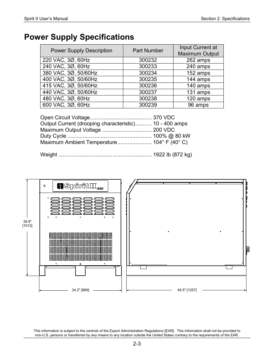 Power supply specifications | Lincoln Electric 718117 Spirit II 400 User Manual | Page 15 / 174