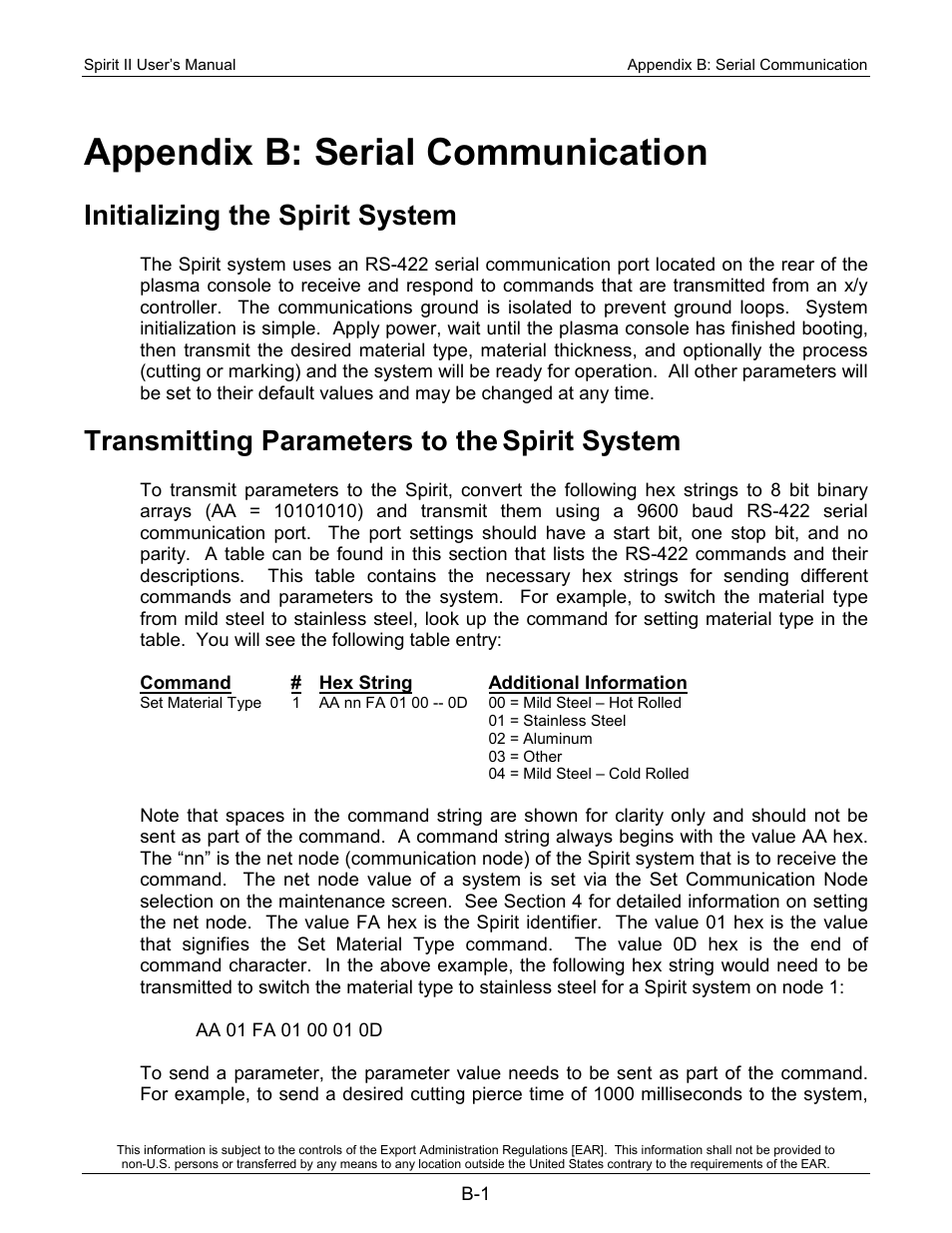 Appendix b: serial communication, Initializing the spirit system, Transmitting parameters to the spirit system | Transmitting parameters to the, Spirit system | Lincoln Electric 718117 Spirit II 400 User Manual | Page 167 / 174