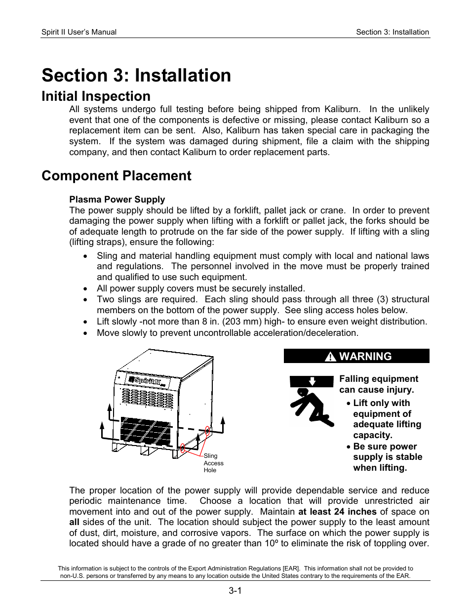 Section 3: installation, Initial inspection, Component placement | Lincoln Electric 718117 Spirit II 400 User Manual | Page 25 / 174