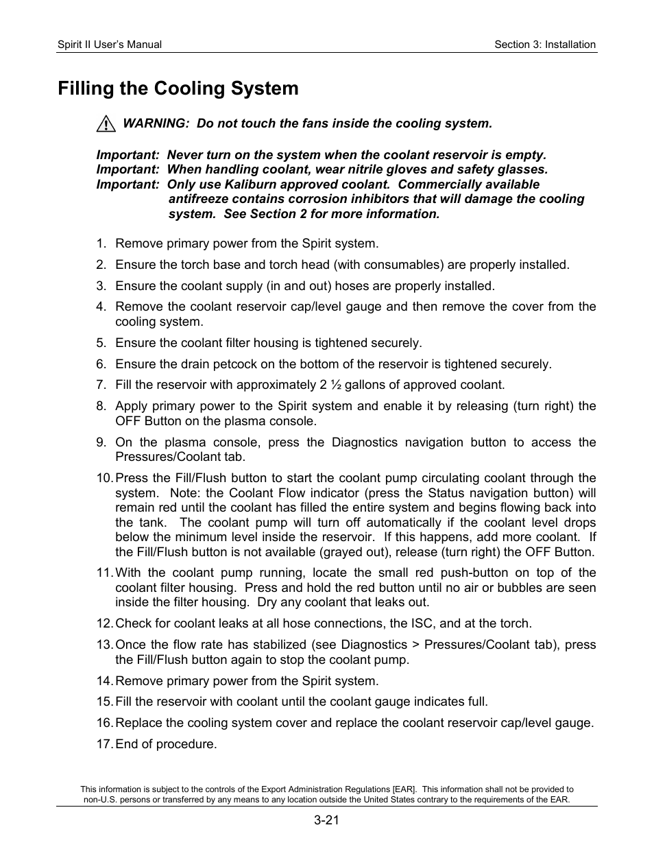 Filling the cooling system | Lincoln Electric 718117 Spirit II 400 User Manual | Page 45 / 174