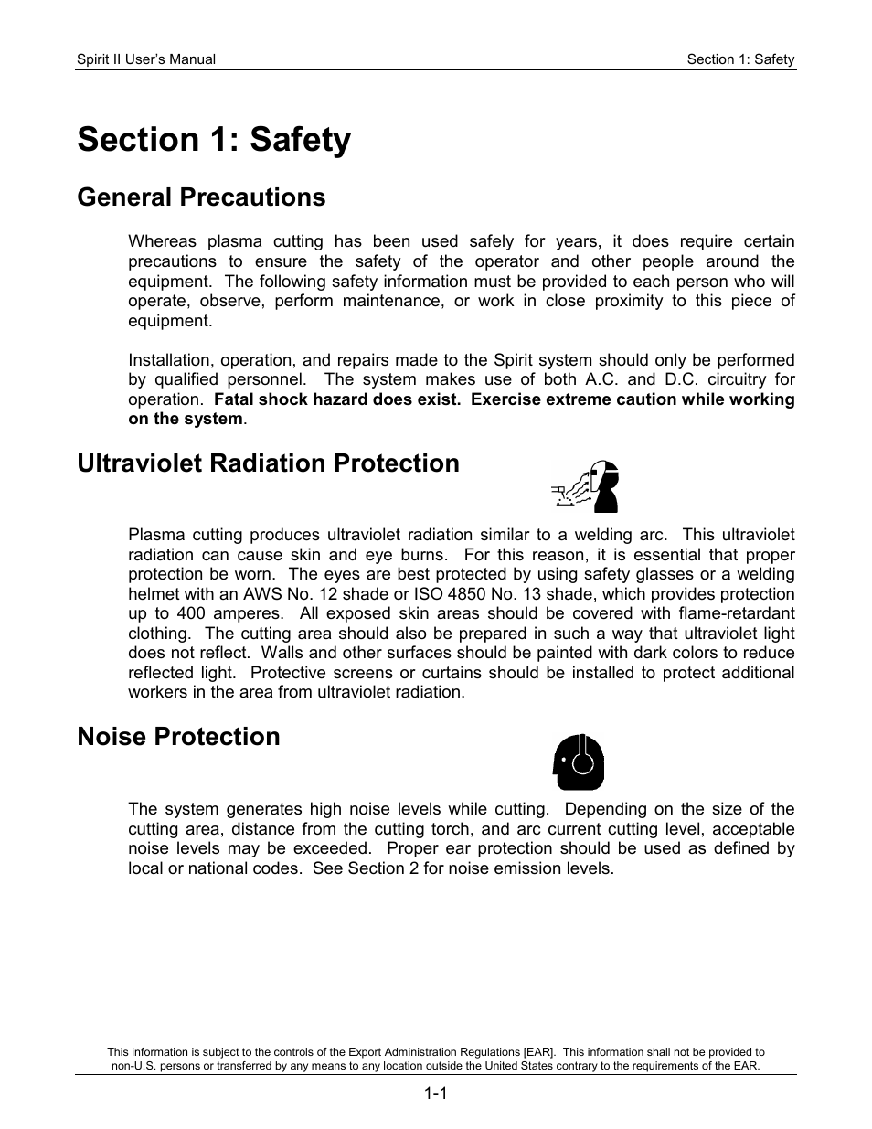 Section 1: safety, General precautions, Ultraviolet radiation protection | Noise protection | Lincoln Electric 718117 Spirit II 400 User Manual | Page 7 / 174