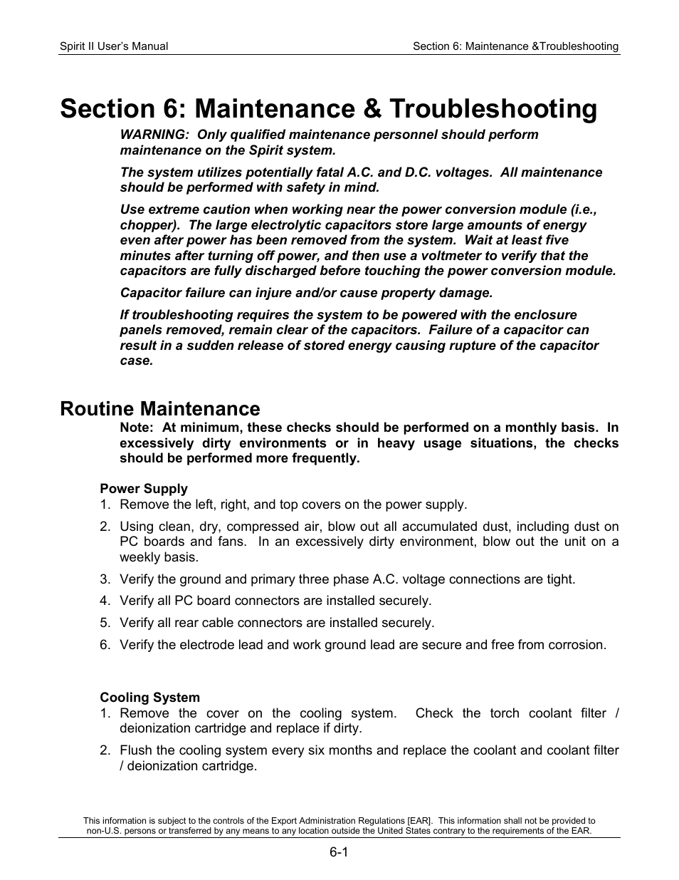 Section 6: maintenance & troubleshooting, Routine maintenance | Lincoln Electric 718118 Spirit II 400 User Manual | Page 107 / 146