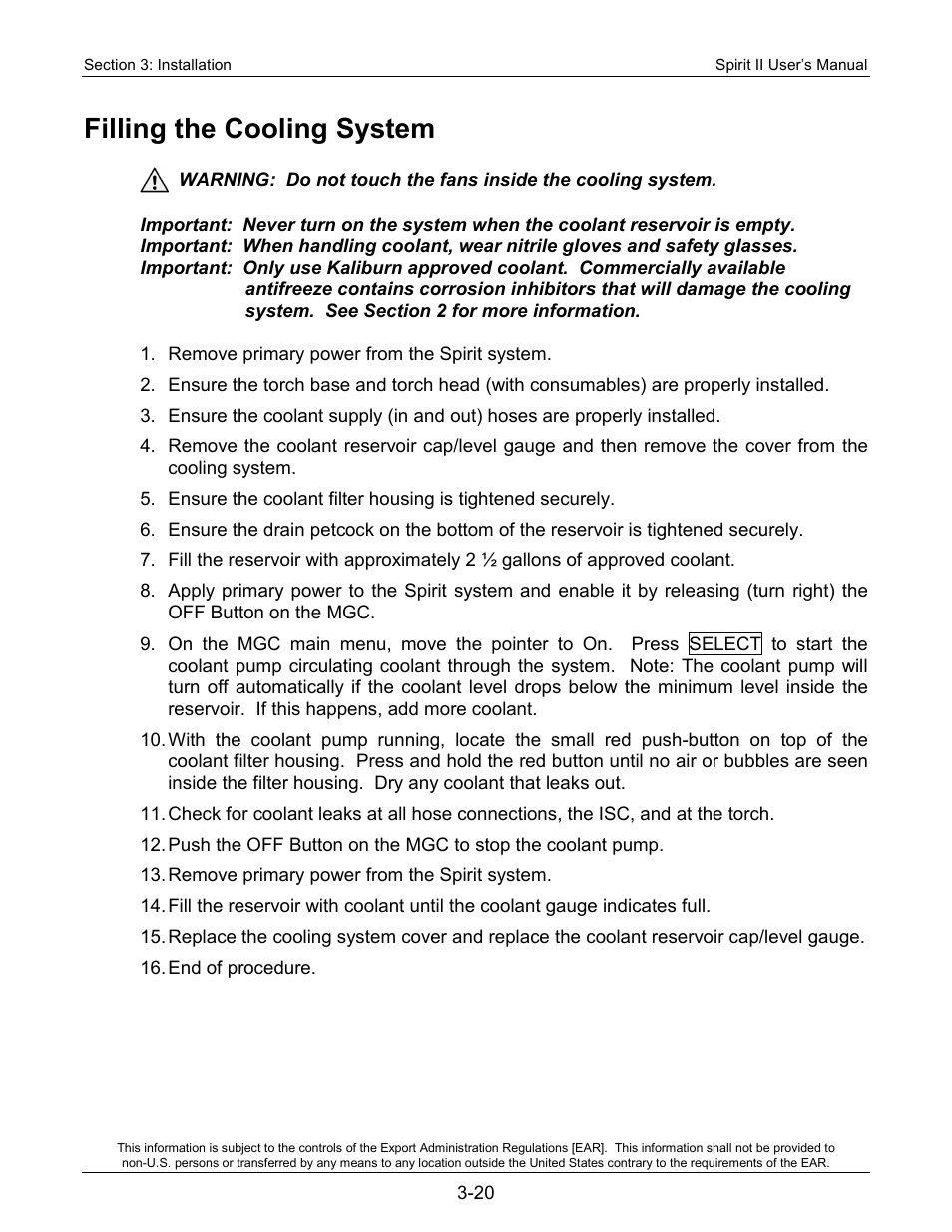 Filling the cooling system | Lincoln Electric 718118 Spirit II 400 User Manual | Page 44 / 146