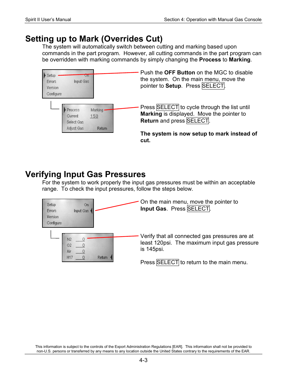 Setting up to mark (overrides cut), Verifying input gas pressures | Lincoln Electric 718118 Spirit II 400 User Manual | Page 47 / 146